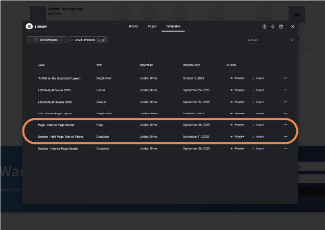 template list with highlighted section